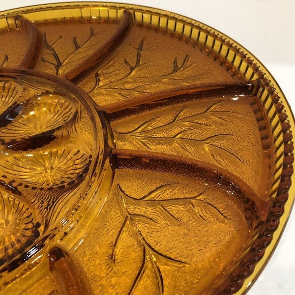 Indiana Glass Amber Glass Tree Of Life Relish And Egg Plate Platter Dish Vintage - Picture 4 of 7